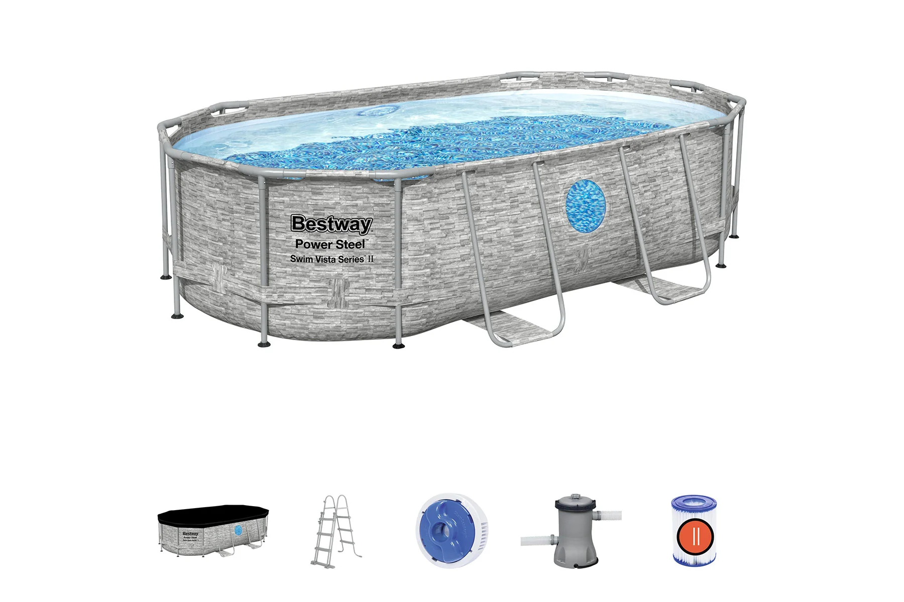 14ft x 39.5in Stone Print Oval Power Steel Swim Vista Above Ground Pool Set
